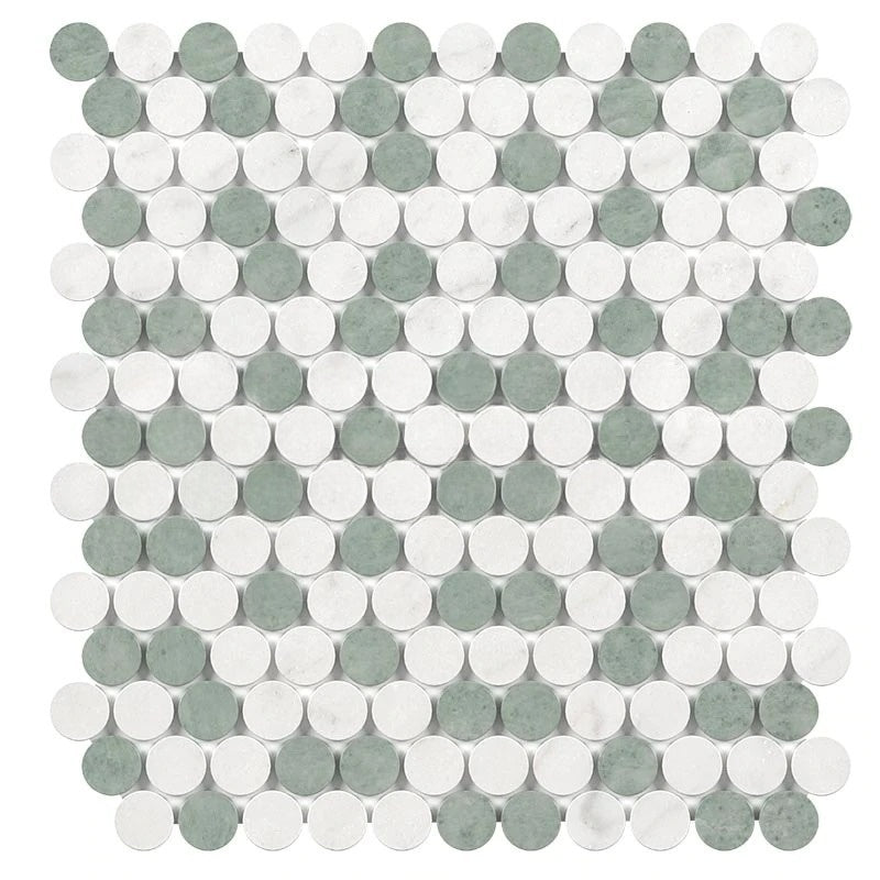 White Carrara Marble Mosaic - Penny Round with Ming Green & Thassos Honed