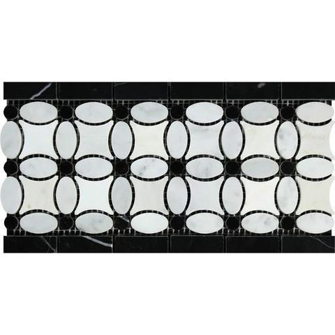 White Carrara Marble Border - 5 3/4" x 11 1/4" Flower Border with Thassos White & Black Dots Polished