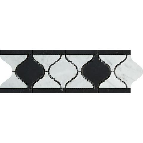 White Carrara Marble Border - 3 7/8" x 11 5/8" Arabesque Border with Black Dots Polished