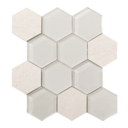 Full Sheet Sample - Metropolitan Chablis Deco Hexagon Stone & Glass Mosaic - 8.75" x 10.25" Honed