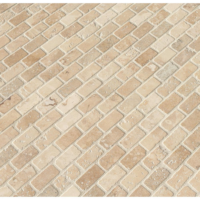 Tuscany Classic Chiaro Travertine Tumbled Mosaic - 1" x 2" Brick
