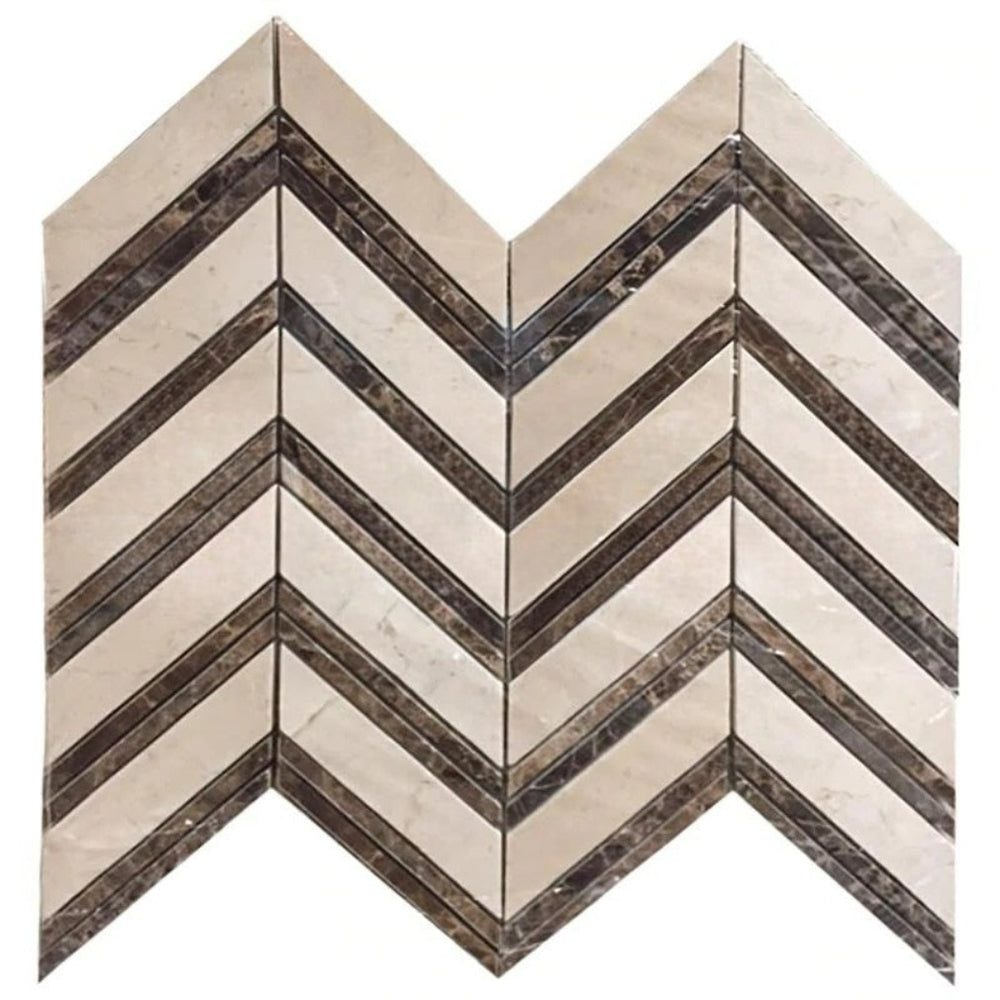 Crema Marfil Marble Mosaic - Large Chevron with Emperador Dark Dots Polished