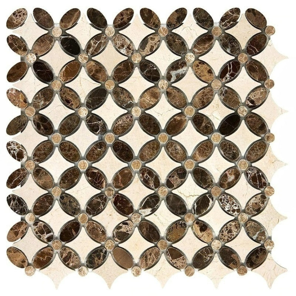 Crema Marfil Marble Mosaic - Flower with Emperador Light & Emperador Dark Dots Polished