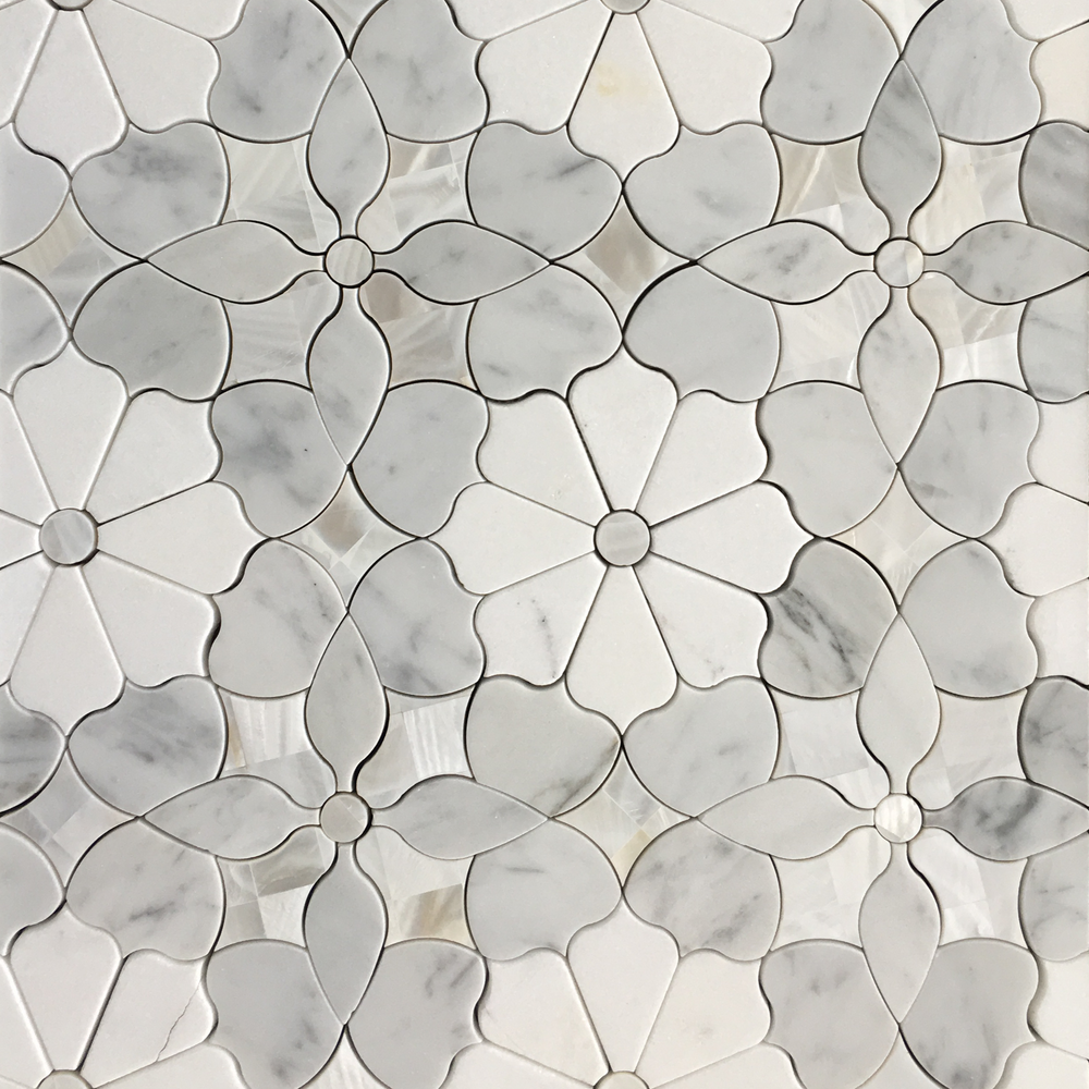 Thassos / Carrara / Mother of Pearl Polished Pearl & Marble Mosaic - Dahlia