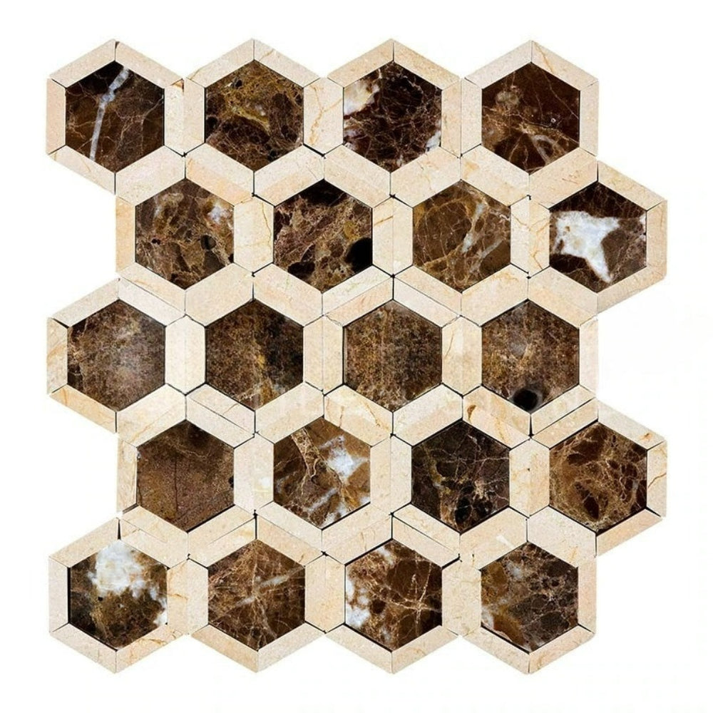 Emperador Dark Marble Mosaic - 2" x 2" Vortex Hexagon with Crema Marfil Polished