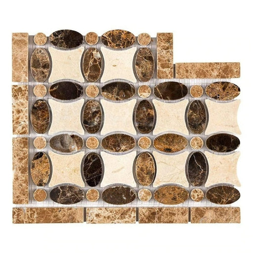 Emperador Dark Marble Border - Flower Border Corner with Crema Marfil Dots Polished