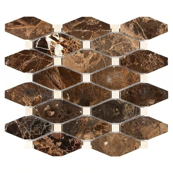 Emperador Dark Marble Mosaic - Elongated Octagon with Crema Marfil Dots Polished
