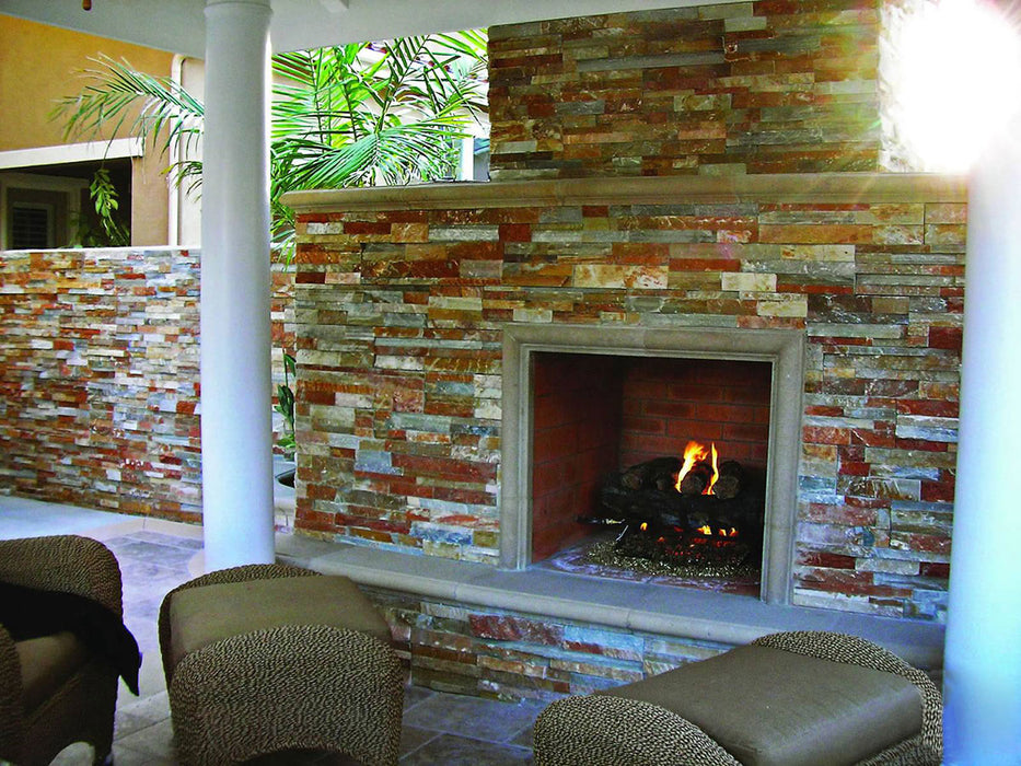 white stacked stone fireplace