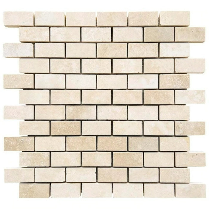 Ivory Travertine Mosaic - 1" x 2" Brick Filled & Honed
