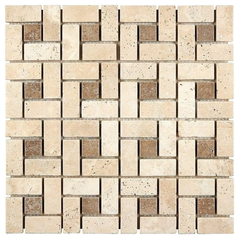 Ivory Travertine Mosaic - 1" x 2" Pinwheel with Noche Dots Tumbled
