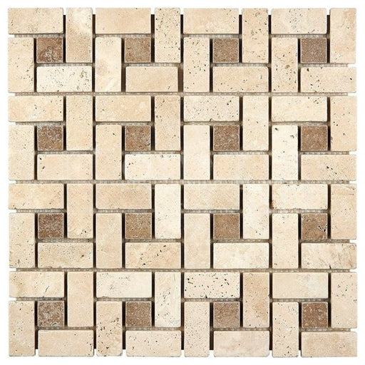 Ivory Travertine Mosaic - 1" x 2" Pinwheel with Noche Dots Tumbled