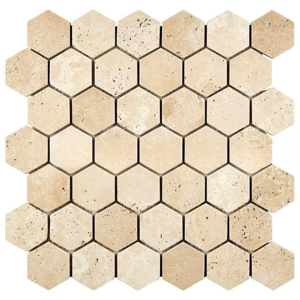 Ivory Travertine Mosaic - 2" Hexagon Tumbled