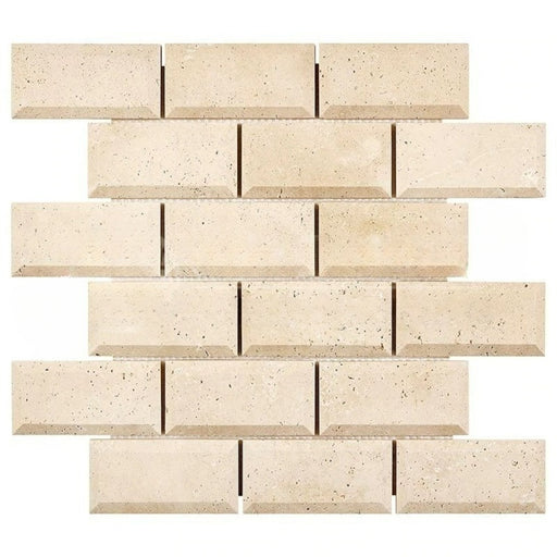 Ivory Travertine Mosaic - 2" x 4" Beveled Brick Unfilled & Honed