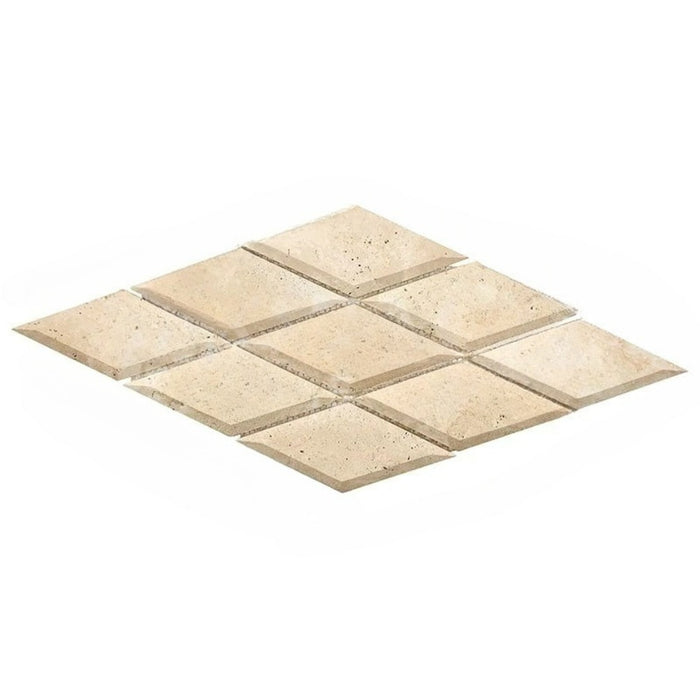 Ivory Travertine Mosaic - 3" x 6" Beveled Diamond Unfilled & Honed