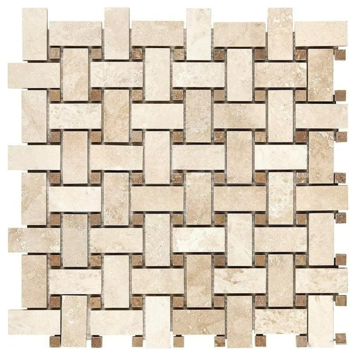 Ivory Travertine Mosaic - Basket Weave with Noche Dots Filled & Honed