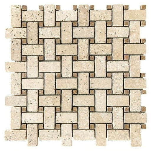 Ivory Travertine Mosaic - Basket Weave with Noche Dots Tumbled