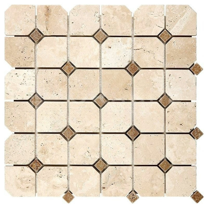 Ivory Travertine Mosaic - Octagon with Noche Dots Tumbled