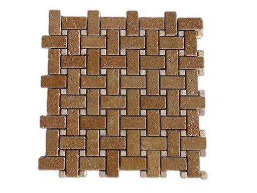 Ivory / Noce Tumbled Travertine Mosaic - Basket Weave