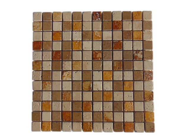 3 Color Mixed Tumbled Travertine Mosaic - 1" x 1"