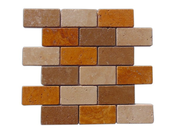 3 Color Mixed Tumbled Travertine Mosaic - 2" x 4" Brick
