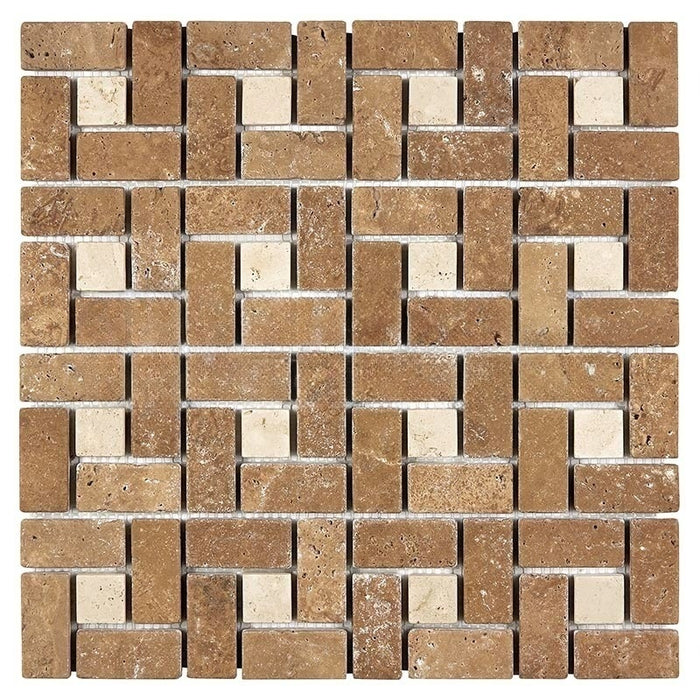 Noche Travertine Mosaic - 1" x 2" Pinwheel with Ivory Dots Tumbled