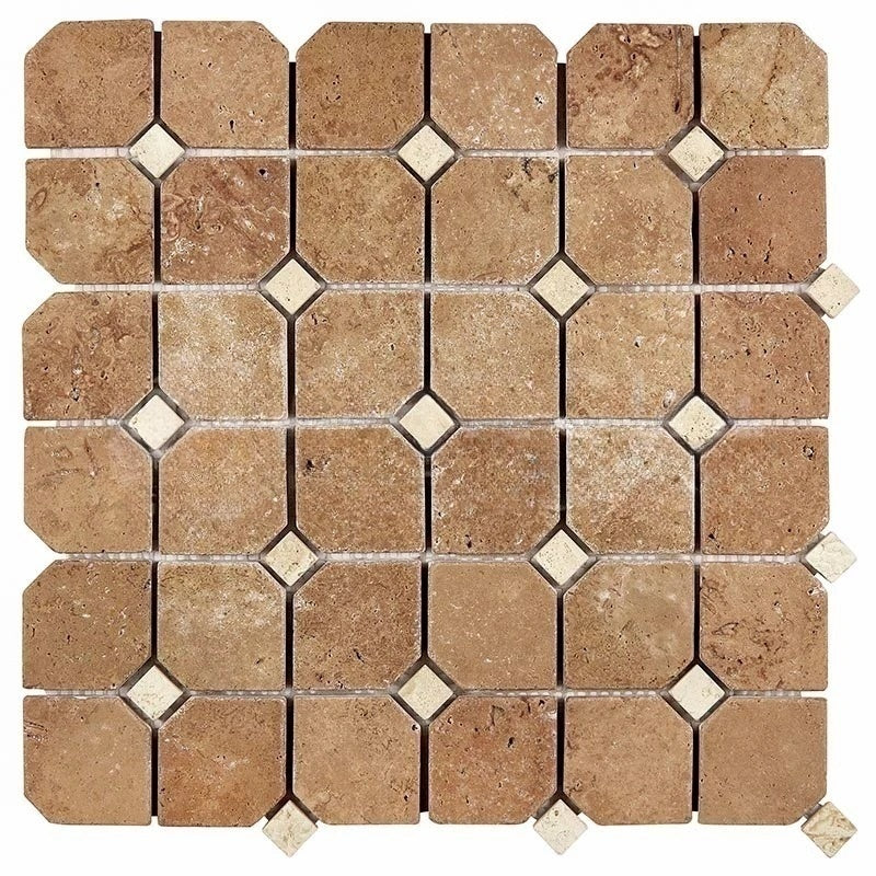 Noche Travertine Mosaic - Octagon with Ivory Dots Tumbled