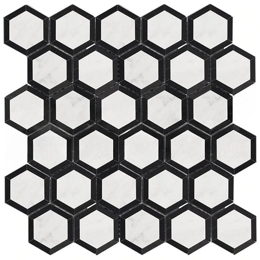 Oriental White Marble Mosaic - 2" x 2" Vortex Hexagon with Black Polished