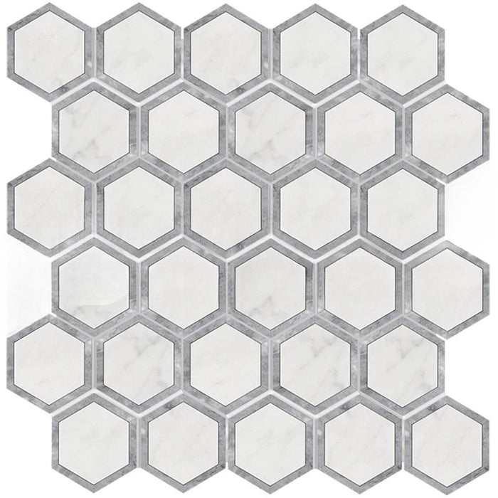 Oriental White Marble Mosaic - 2" x 2" Vortex Hexagon with Blue/Gray Polished