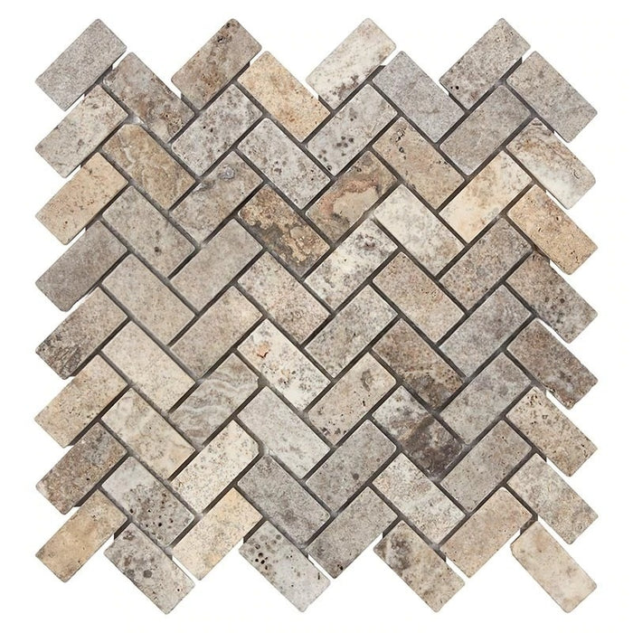 Titanium Travertine Mosaic - 1" x 2" Herringbone Tumbled