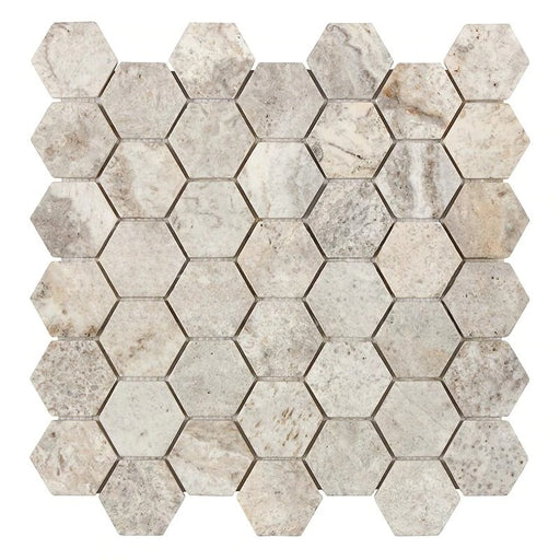 Titanium Travertine Mosaic - 2" Hexagon Tumbled