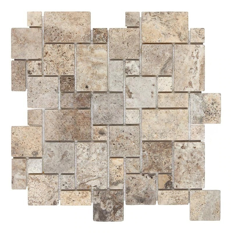 Titanium Travertine Mosaic - Mini Versailles Pattern Tumbled