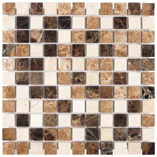 Crema Marfil Marble Mosaic - 1" x 1" with Emperador Light & Emperador Dark Polished