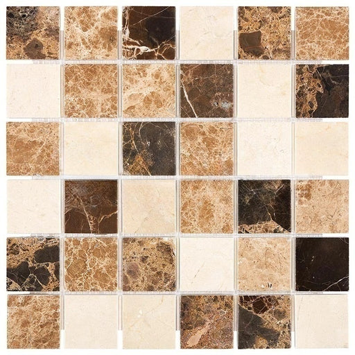 Crema Marfil Marble Mosaic - 2" x 2" with Emperador Light & Emperador Dark Polished