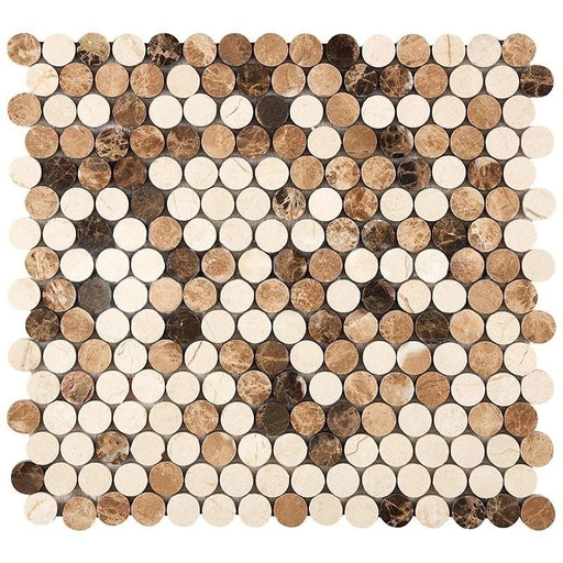 Crema Marfil Marble Mosaic - Penny Round with Emperador Light & Emperador Dark Polished