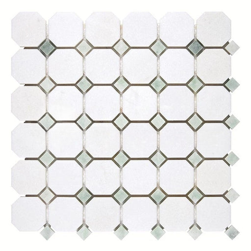 Thassos White Marble Mosaic - Octagon with Ming Green Dots