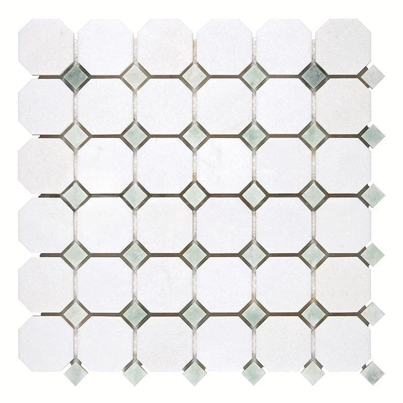 Thassos White Marble Mosaic - Octagon with Ming Green Dots