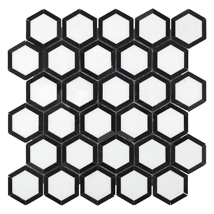 Thassos White Marble Mosaic - 2" x 2" Vortex Hexagon with Black Polished