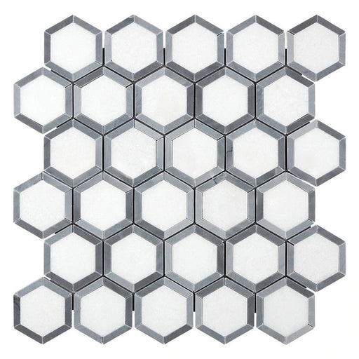 Thassos White Marble Mosaic - 2" x 2" Vortex Hexagon with Blue/Gray Polished