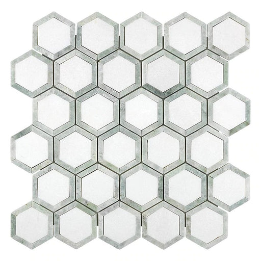 Thassos White Marble Mosaic - 2" x 2" Vortex Hexagon with Ming Green Polished