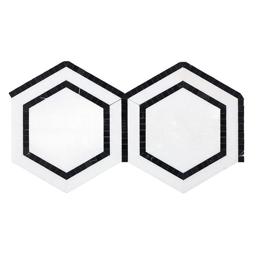 Thassos White Marble Mosaic - 5" Hexagon with Black Polished