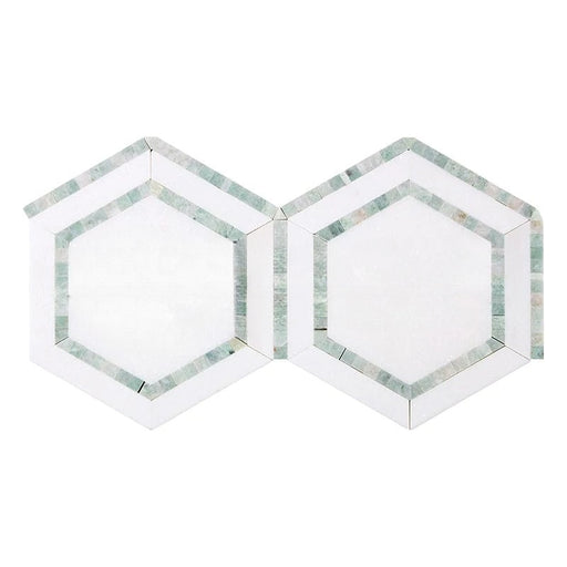 Thassos White Marble Mosaic - 5" Hexagon with Ming Green Polished