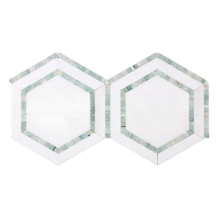 Thassos White Marble Mosaic - 5" Hexagon with Ming Green Polished