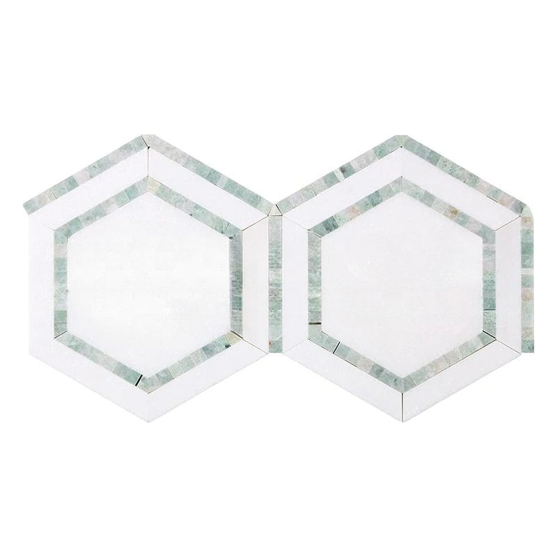 Thassos White Marble Mosaic - 5" Hexagon with Ming Green Polished