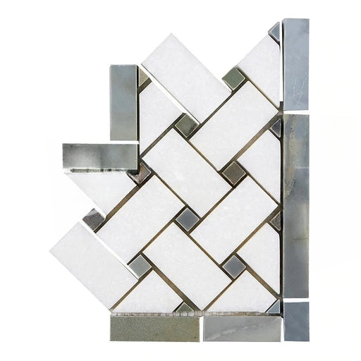 Thassos White Marble Border - Basket Weave Border Corner with Gray Dots