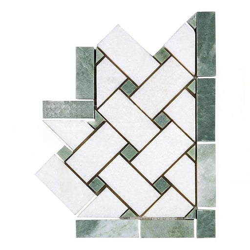 Thassos White Marble Border - Basket Weave Border Corner with Ming Green Dots