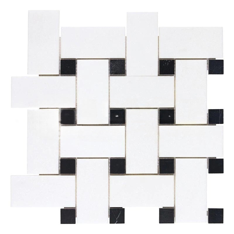 Thassos White Marble Mosaic - Large Basket Weave with Black Dots Dots Polished