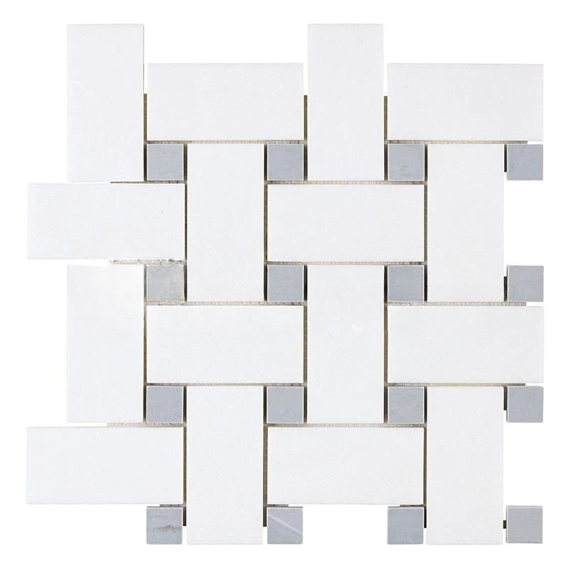 Thassos White Marble Mosaic - Large Basket Weave with Blue/Gray Dots Polished