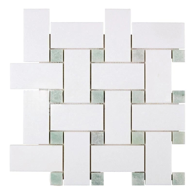 Thassos White Marble Mosaic - Large Basket Weave with Ming Green Dots Polished