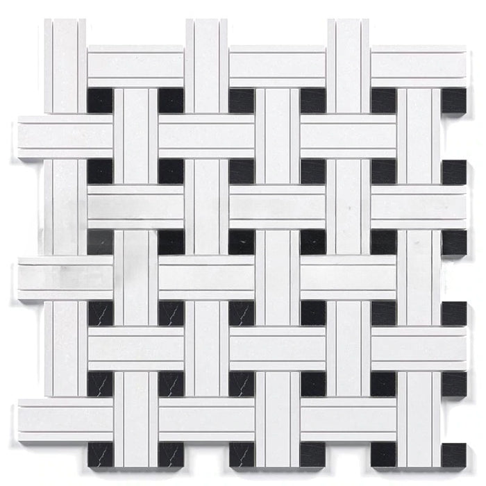 Thassos White Marble Mosaic - Triple Weave with Black Dots Polished