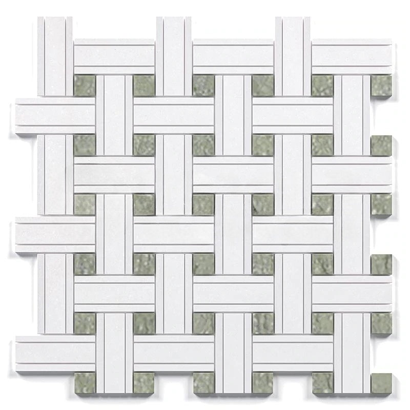 Thassos White Marble Mosaic - Triple Weave with Ming Green Dots Polished